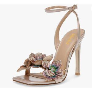 miss left Champagne Rhinestones Stiletto Heel with Strap Buckles Flower Sandals